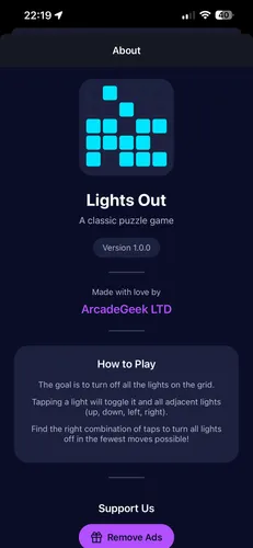 Écran À propos avec instructions de jeu