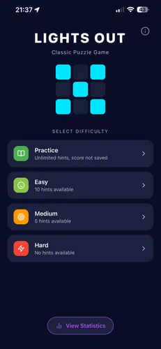 Menu principal de Lights Out avec sélection de difficulté